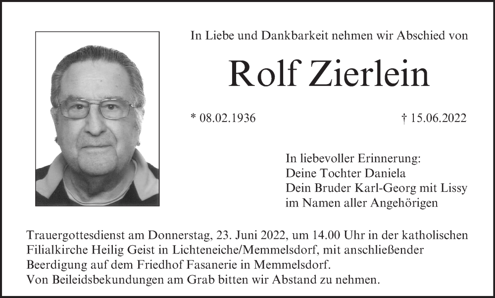  Traueranzeige für Rolf Zierlein vom 18.06.2022 aus MGO