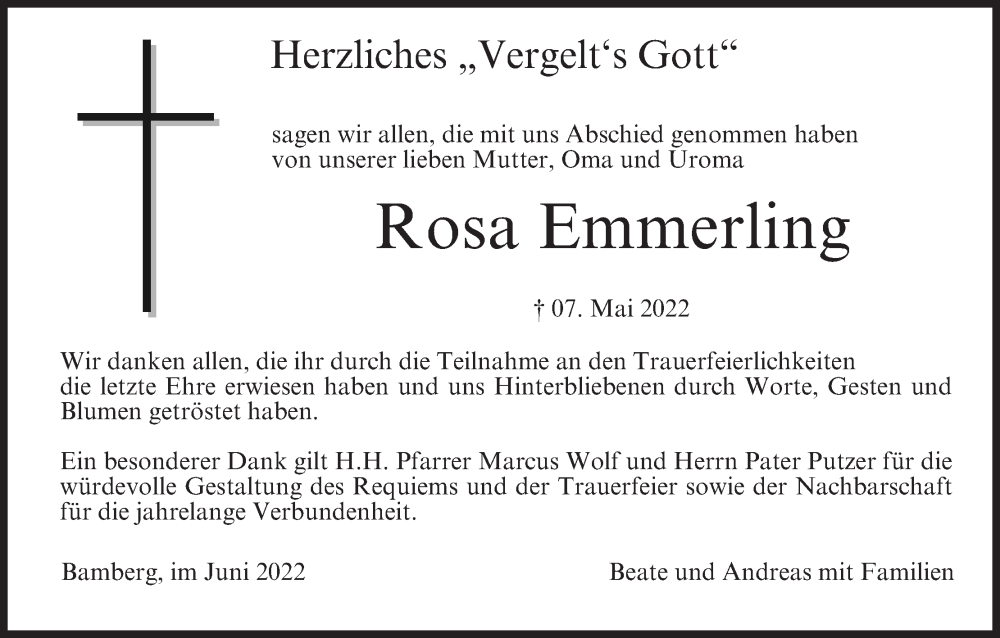  Traueranzeige für Rosa Emmerling vom 04.06.2022 aus MGO