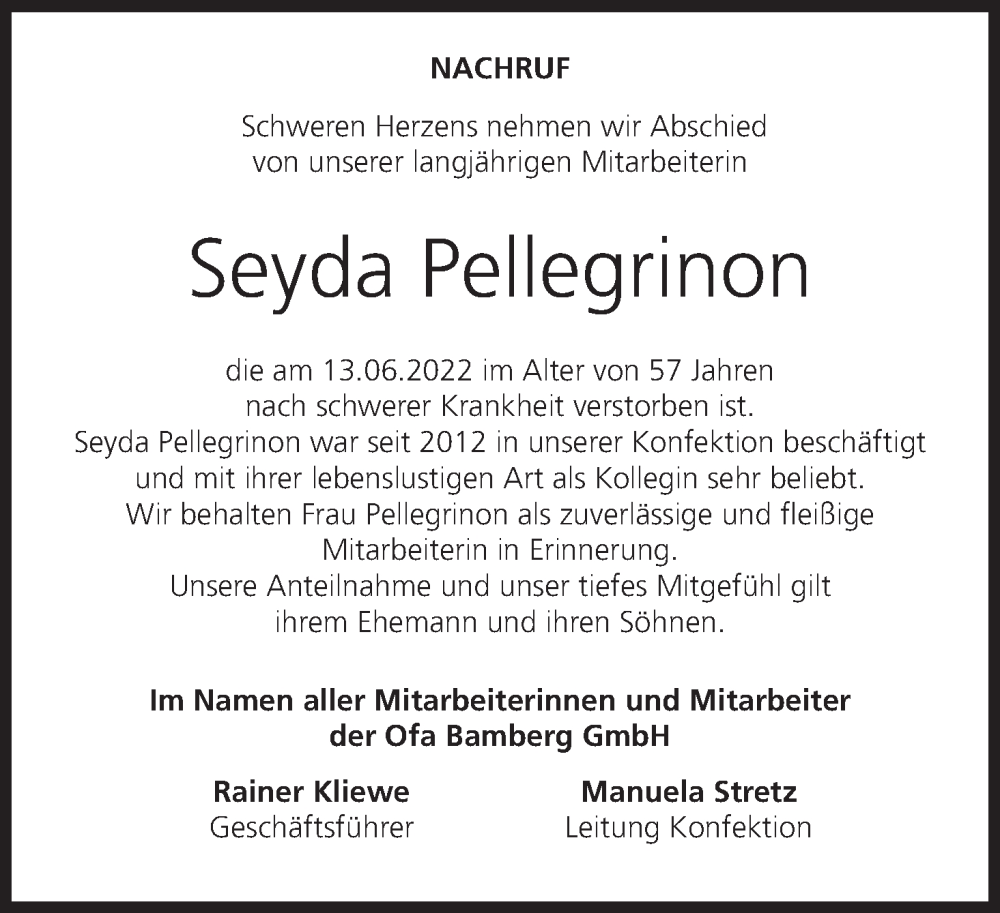  Traueranzeige für Seyda Pellegrinon vom 22.06.2022 aus MGO