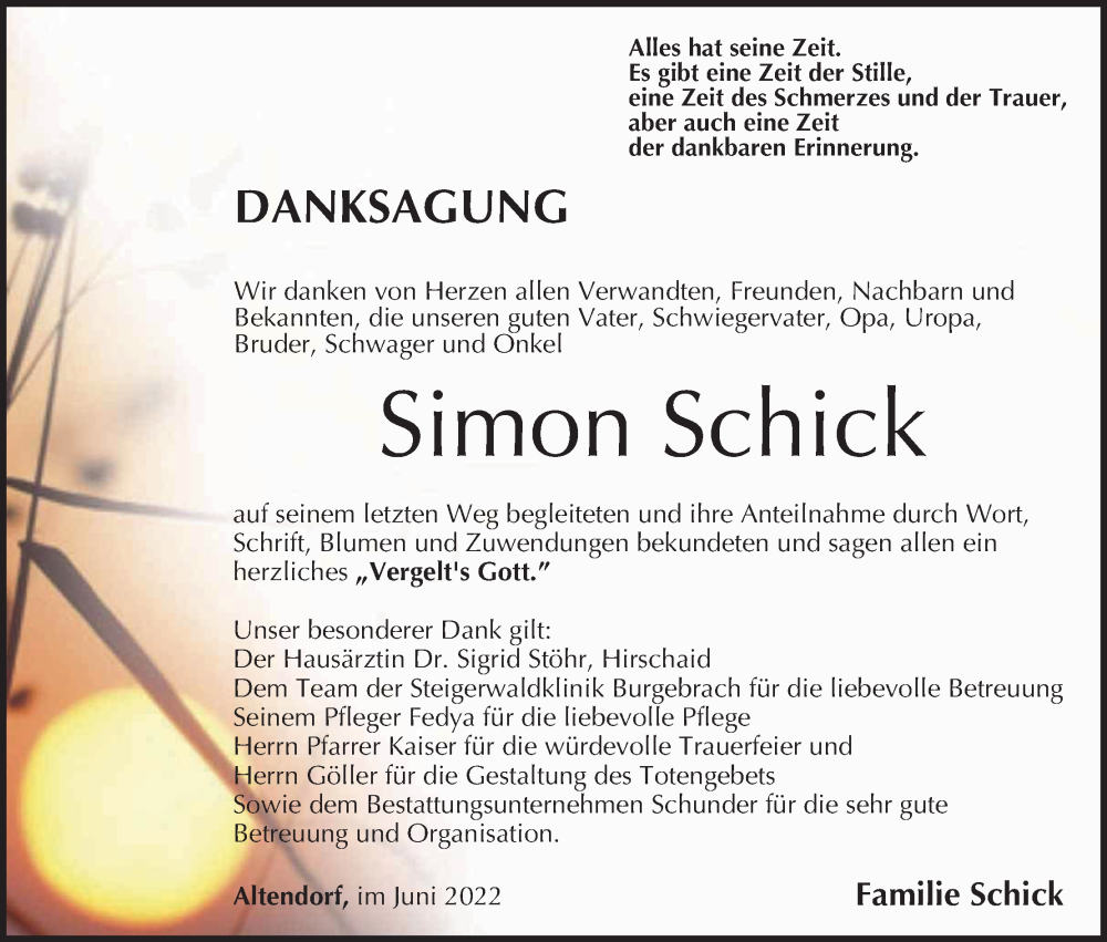  Traueranzeige für Simon Schick vom 04.06.2022 aus MGO