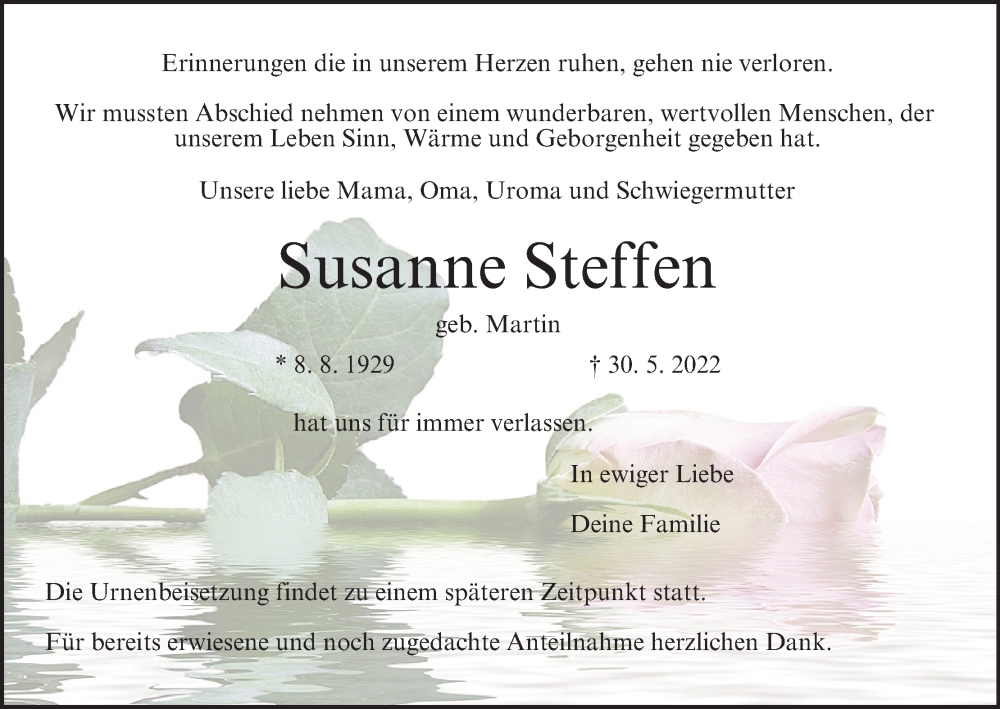 Traueranzeige für Susanne Steffen vom 04.06.2022 aus MGO