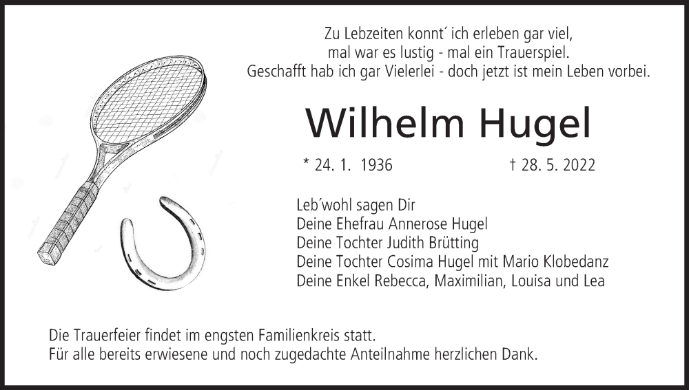  Traueranzeige für Wilhelm Hugel vom 04.06.2022 aus MGO