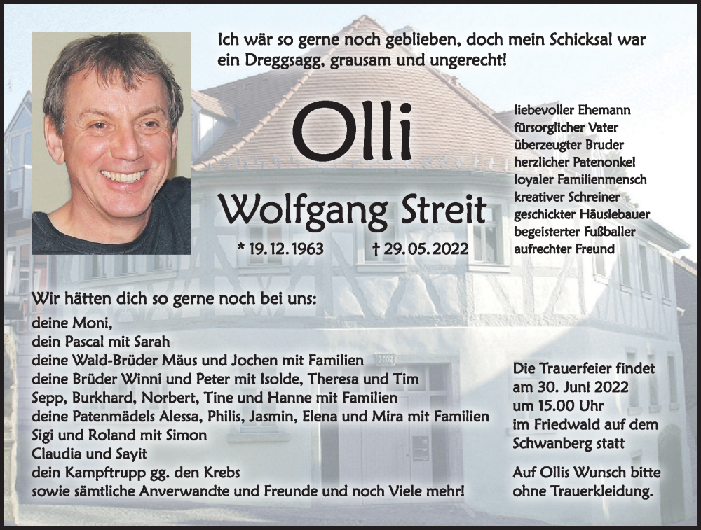  Traueranzeige für Wolfgang Streit vom 25.06.2022 aus MGO