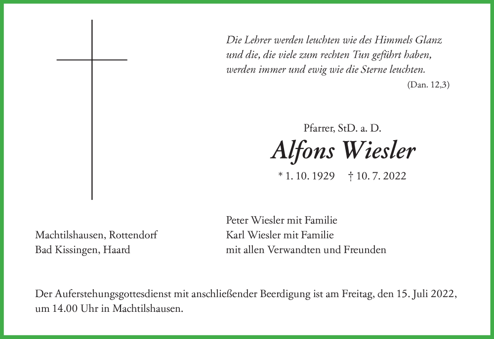  Traueranzeige für Alfons Wiesler vom 12.07.2022 aus MGO