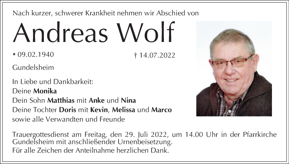  Traueranzeige für Andreas Wolf vom 23.07.2022 aus MGO