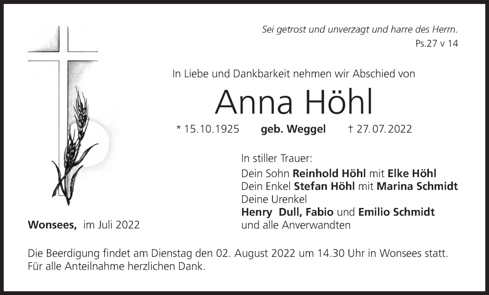 Traueranzeige für Anna Höhl vom 30.07.2022 aus MGO