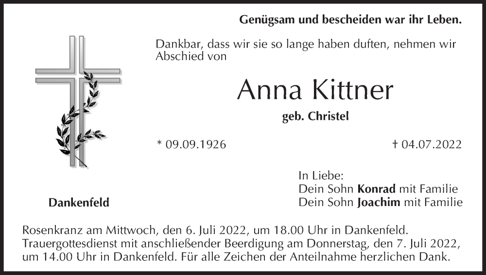  Traueranzeige für Anna Kittner vom 05.07.2022 aus MGO