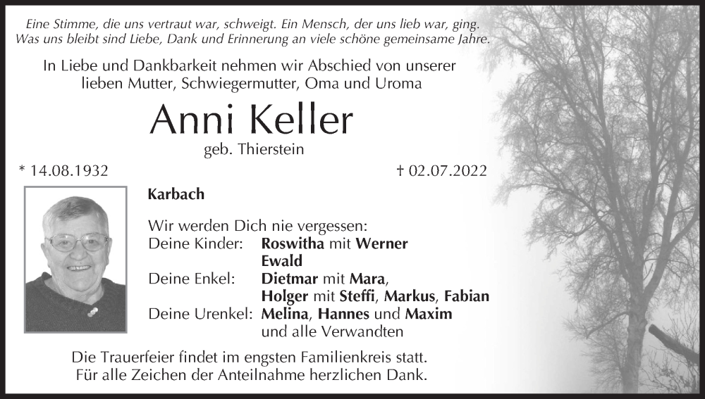  Traueranzeige für Anni Keller vom 08.07.2022 aus MGO