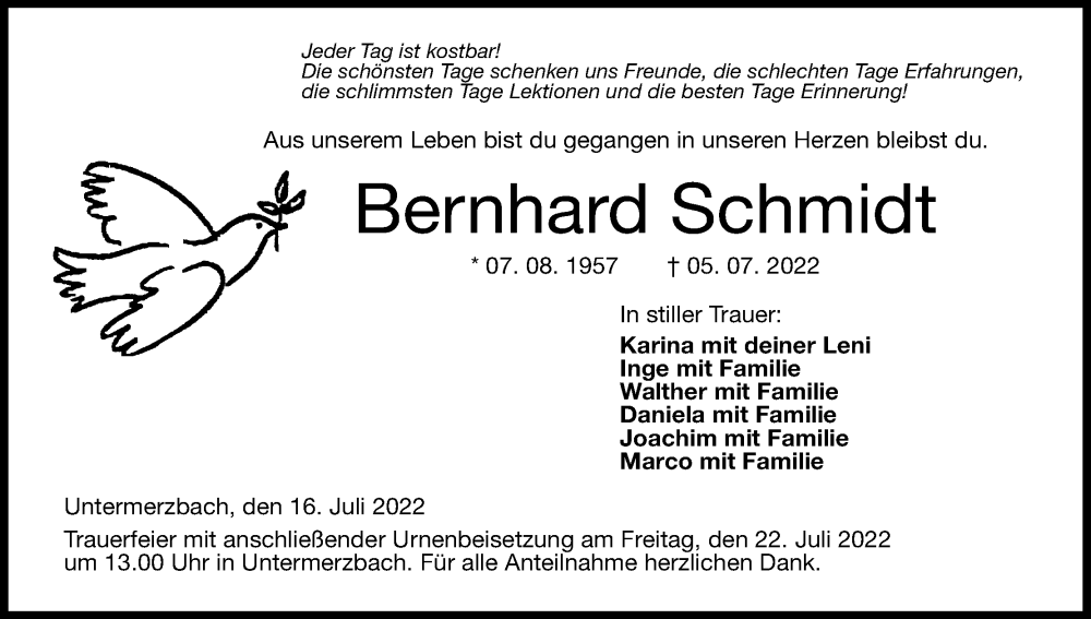  Traueranzeige für Bernhard Schmidt vom 16.07.2022 aus MGO