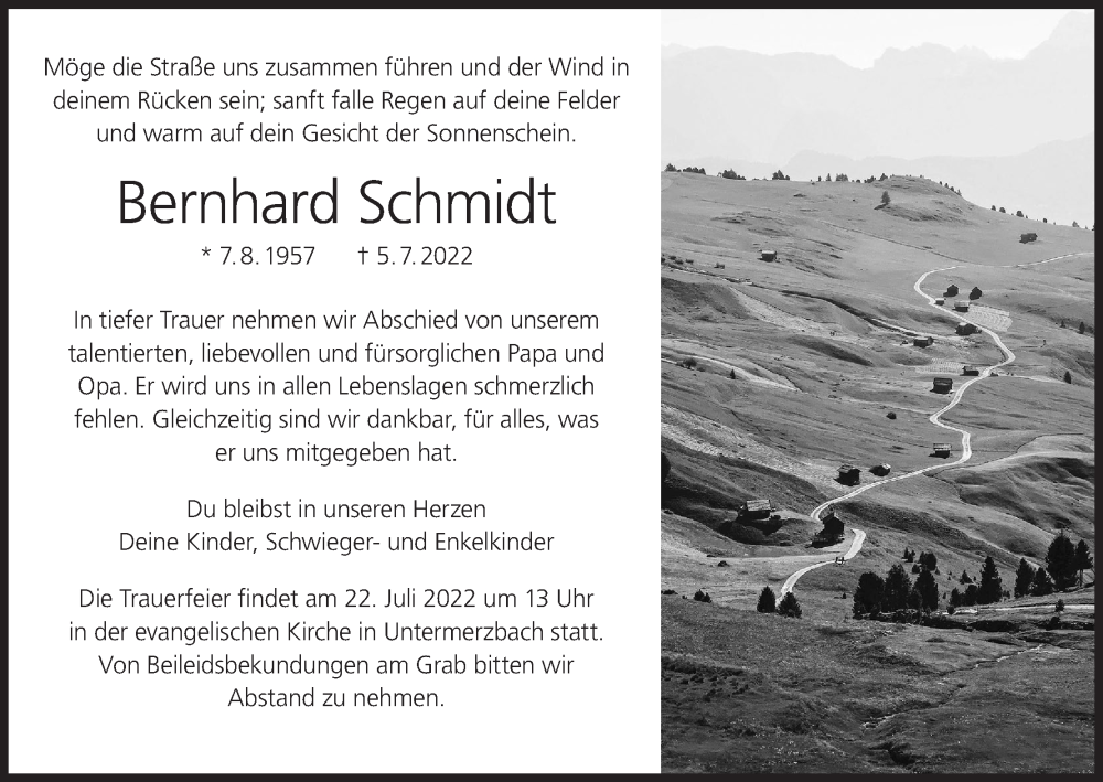  Traueranzeige für Bernhard Schmidt vom 20.07.2022 aus MGO