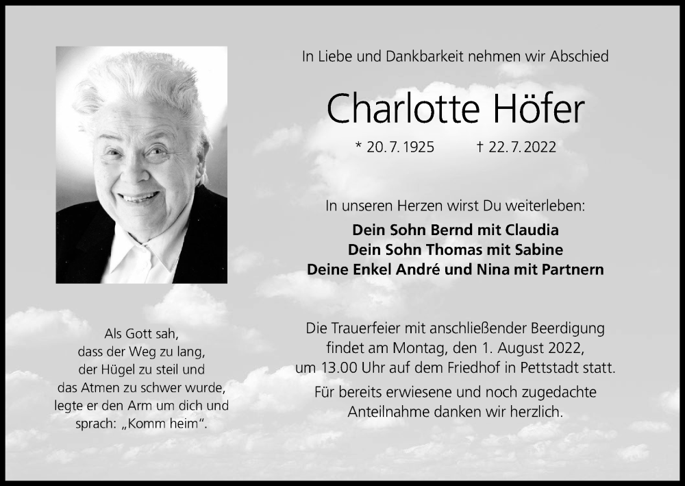  Traueranzeige für Charlotte Höfer vom 30.07.2022 aus MGO