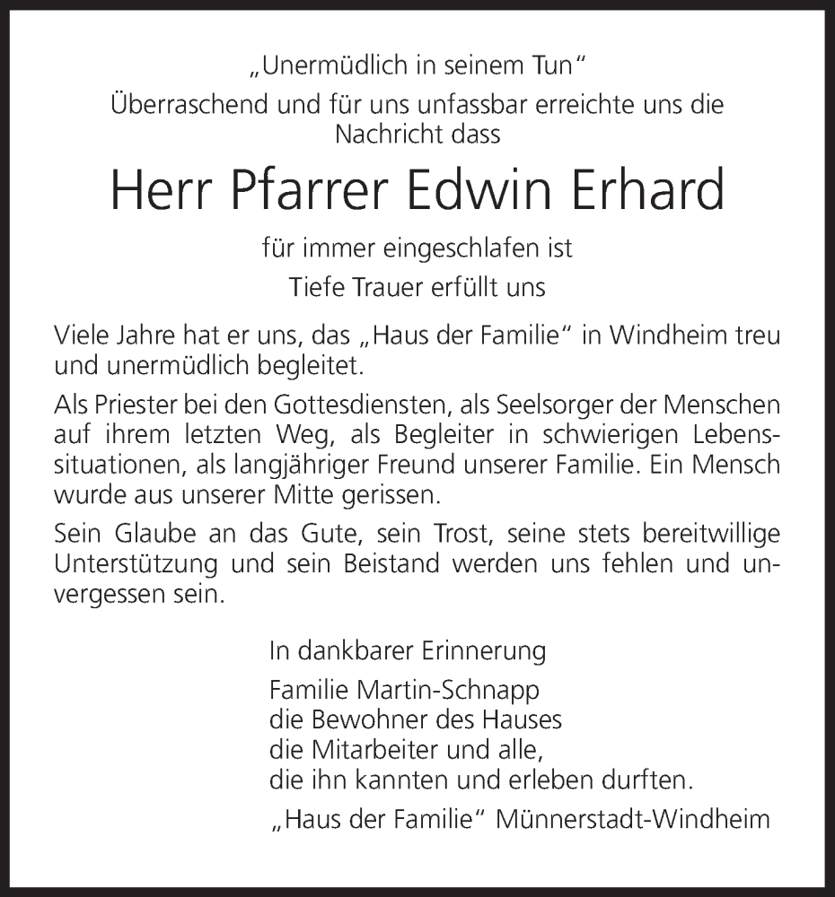  Traueranzeige für Edwin Erhard vom 22.07.2022 aus MGO