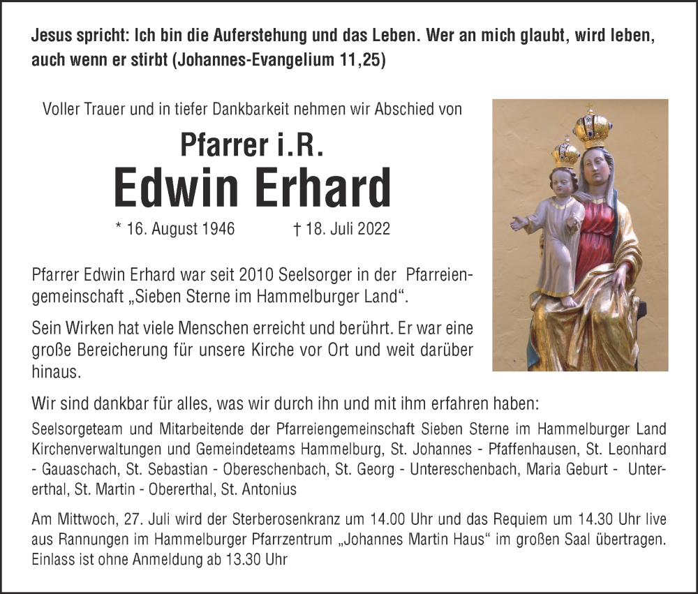  Traueranzeige für Edwin Erhard vom 23.07.2022 aus MGO