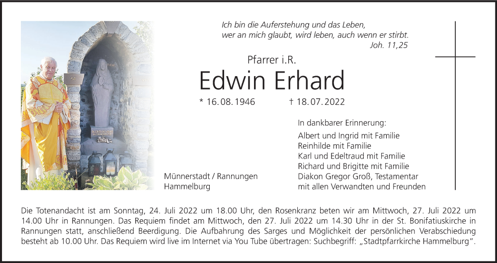  Traueranzeige für Edwin Erhard vom 22.07.2022 aus MGO