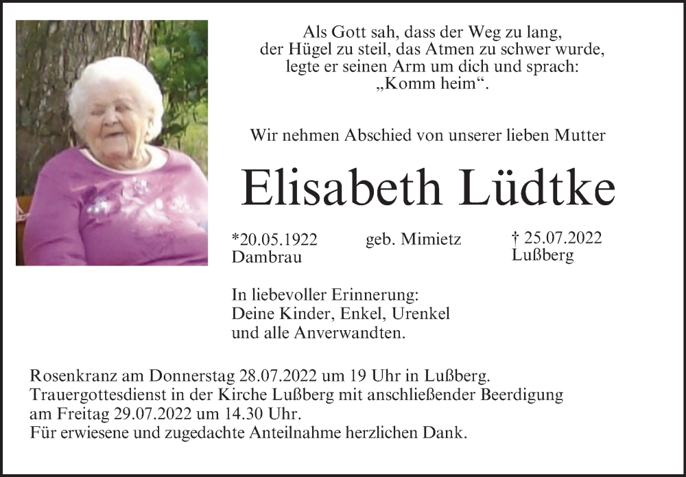  Traueranzeige für Elisabeth Lüdtke vom 28.07.2022 aus MGO
