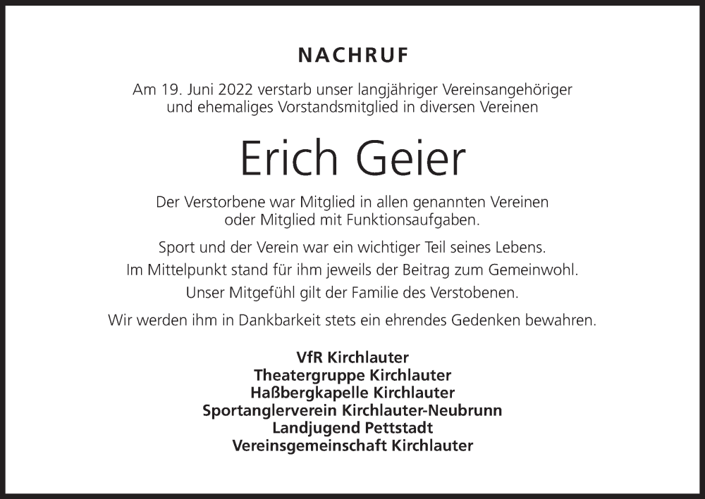  Traueranzeige für Erich Geier vom 08.07.2022 aus MGO