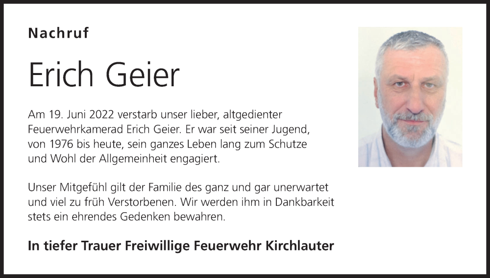  Traueranzeige für Erich Geier vom 02.07.2022 aus MGO