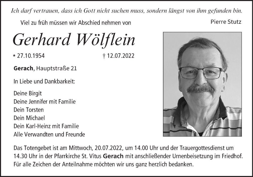  Traueranzeige für Gerhard Wölflein vom 16.07.2022 aus MGO