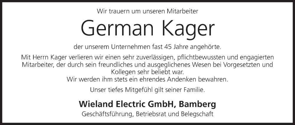  Traueranzeige für German Kager vom 16.07.2022 aus MGO