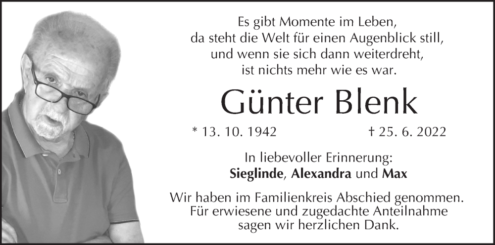  Traueranzeige für Günter Blenk vom 23.07.2022 aus MGO