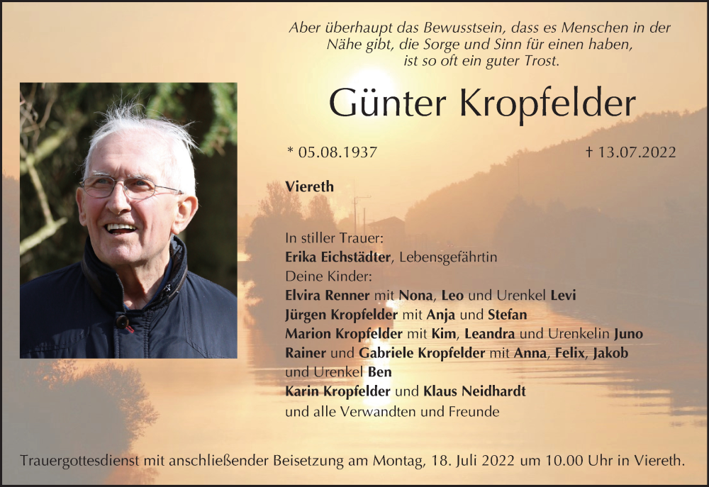  Traueranzeige für Günter Kropfelder vom 16.07.2022 aus MGO