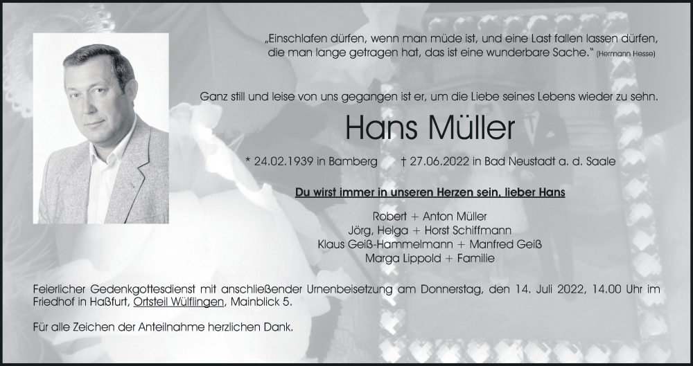  Traueranzeige für Hans Müller vom 05.07.2022 aus MGO