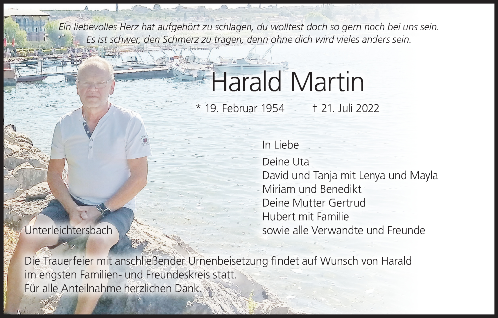  Traueranzeige für Harald Martin vom 30.07.2022 aus MGO