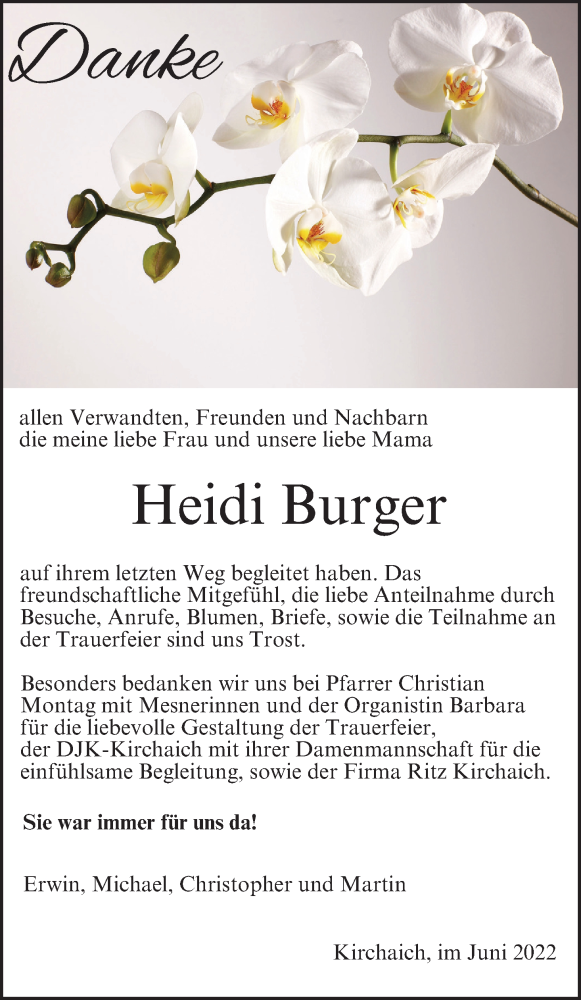  Traueranzeige für Heidi Burger vom 02.07.2022 aus MGO