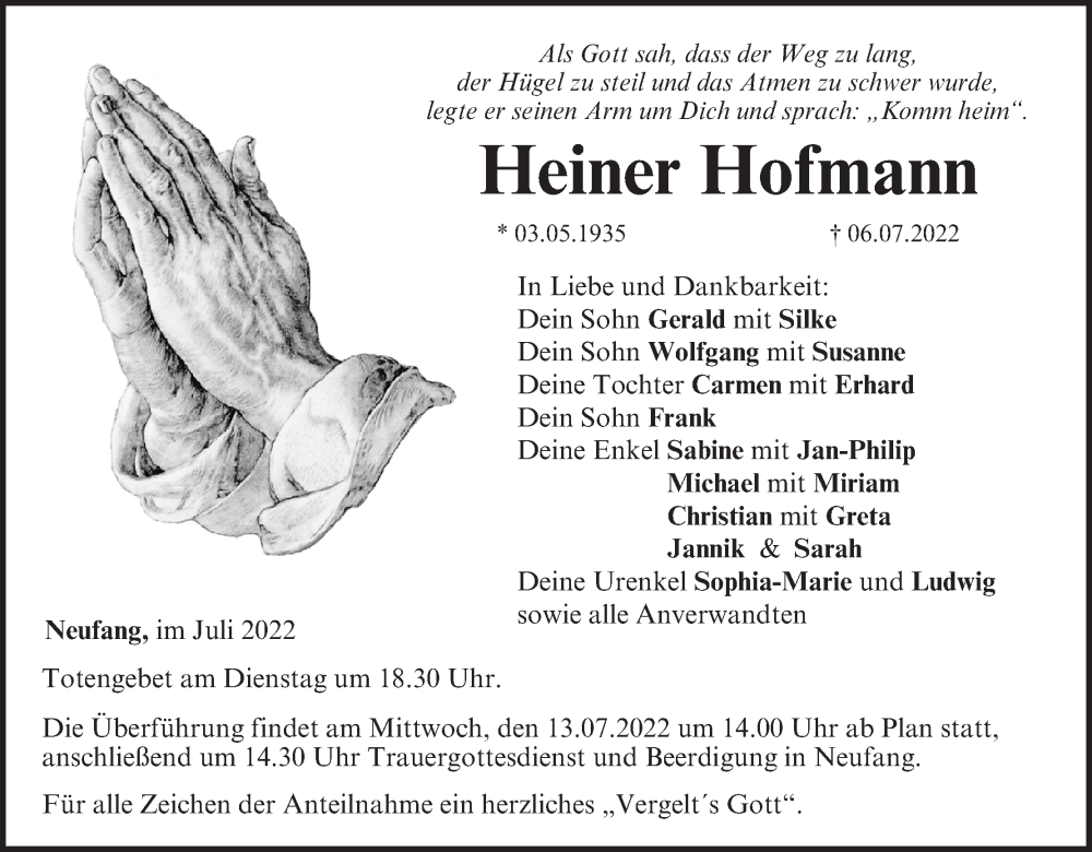  Traueranzeige für Heiner Hofmann vom 09.07.2022 aus MGO