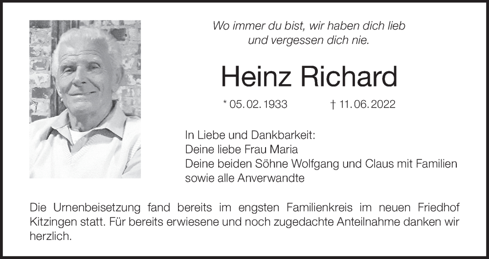  Traueranzeige für Heinz Richard vom 30.06.2022 aus MGO