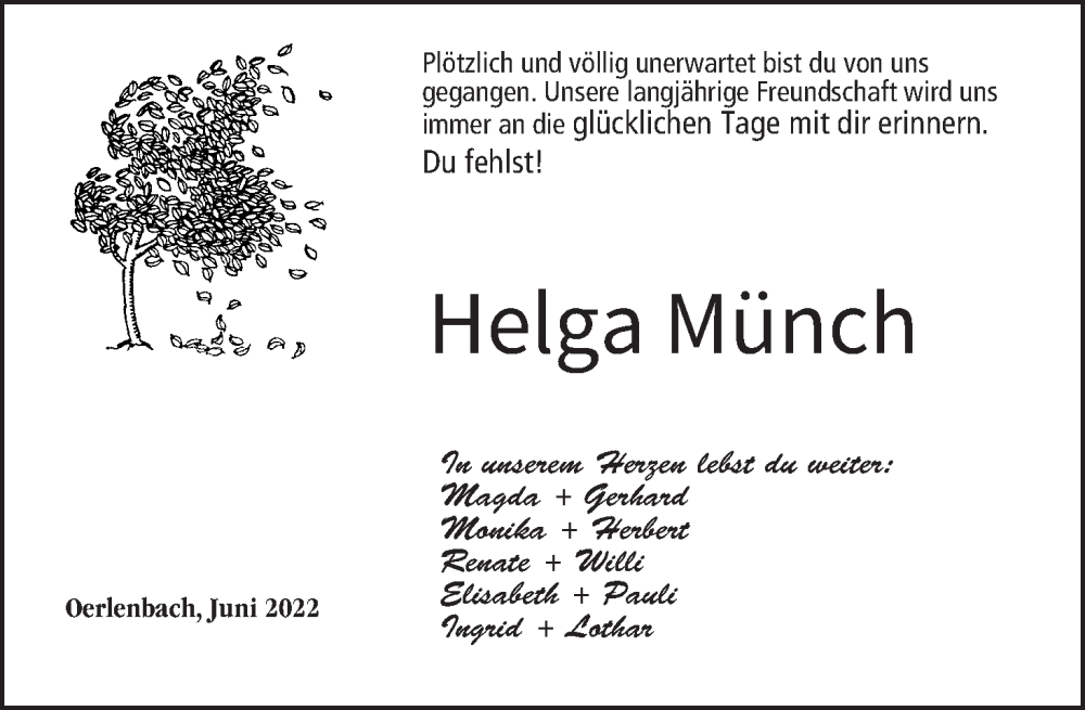  Traueranzeige für Helga Münch vom 30.06.2022 aus MGO