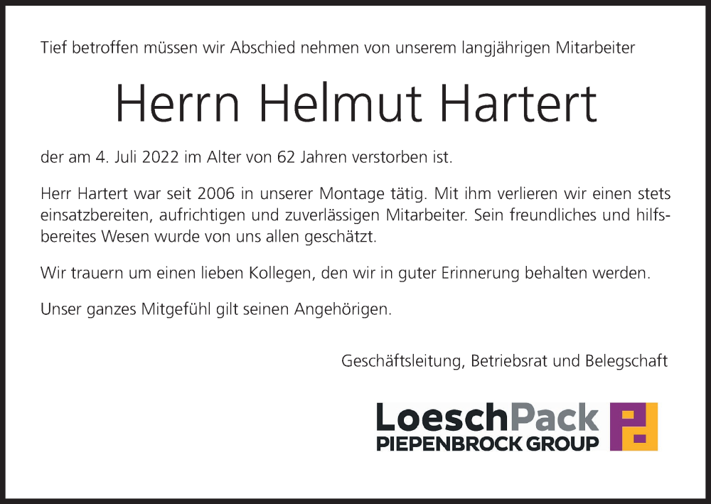  Traueranzeige für Helmut Hartert vom 09.07.2022 aus MGO