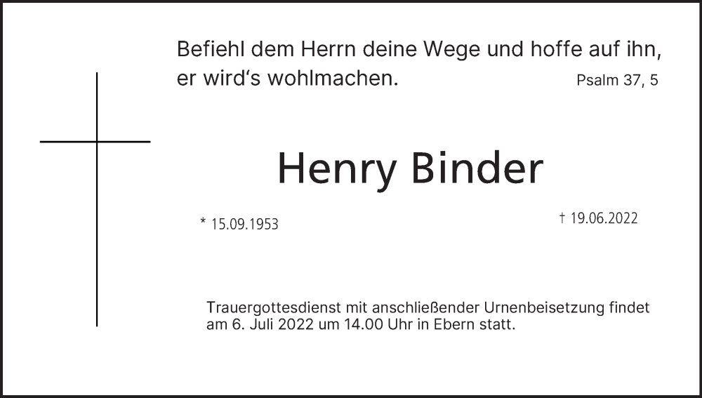  Traueranzeige für Henry Binder vom 02.07.2022 aus MGO