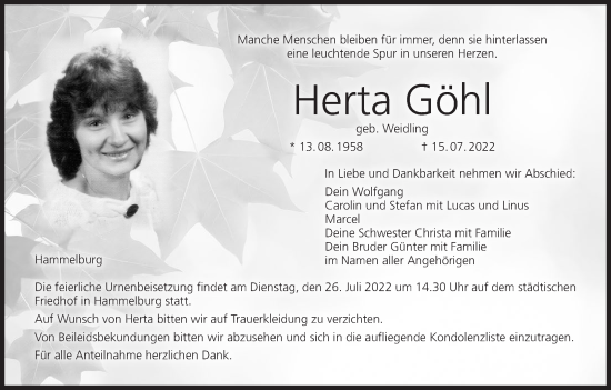 Anzeige von Herta Göhl von MGO