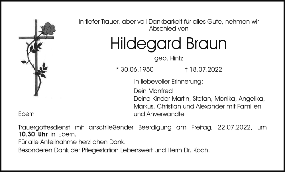  Traueranzeige für Hildegard Braun vom 20.07.2022 aus MGO