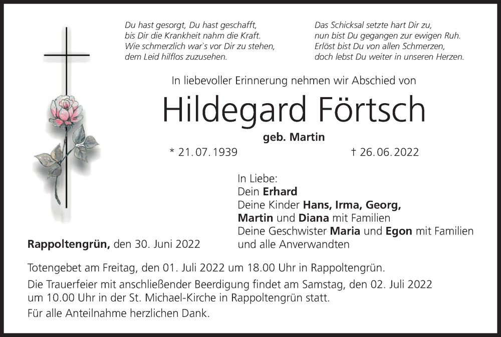  Traueranzeige für Hildegard Förtsch vom 30.06.2022 aus MGO