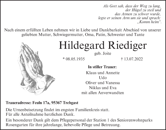 Anzeige von Hildegard Riediger von MGO
