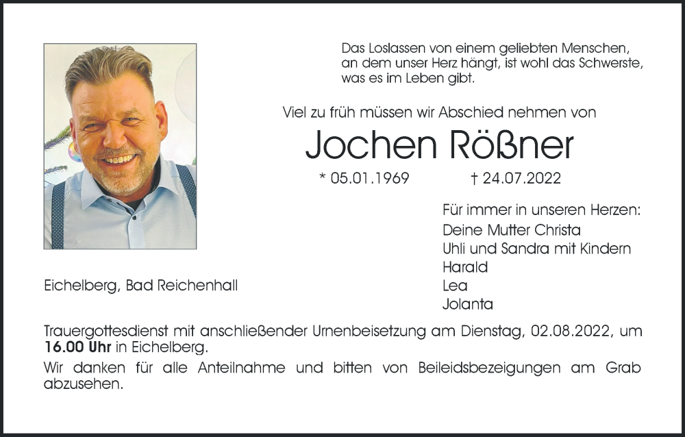  Traueranzeige für Jochen Rößner vom 30.07.2022 aus MGO