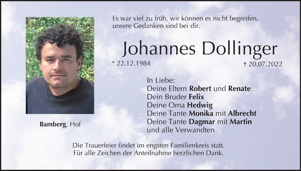  Traueranzeige für Johannes Dollinger vom 30.07.2022 aus MGO
