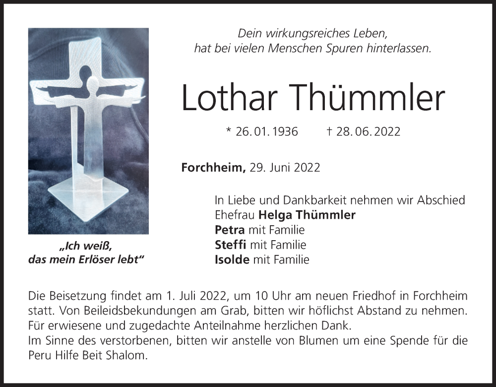  Traueranzeige für Lothar Thümmler vom 30.06.2022 aus MGO
