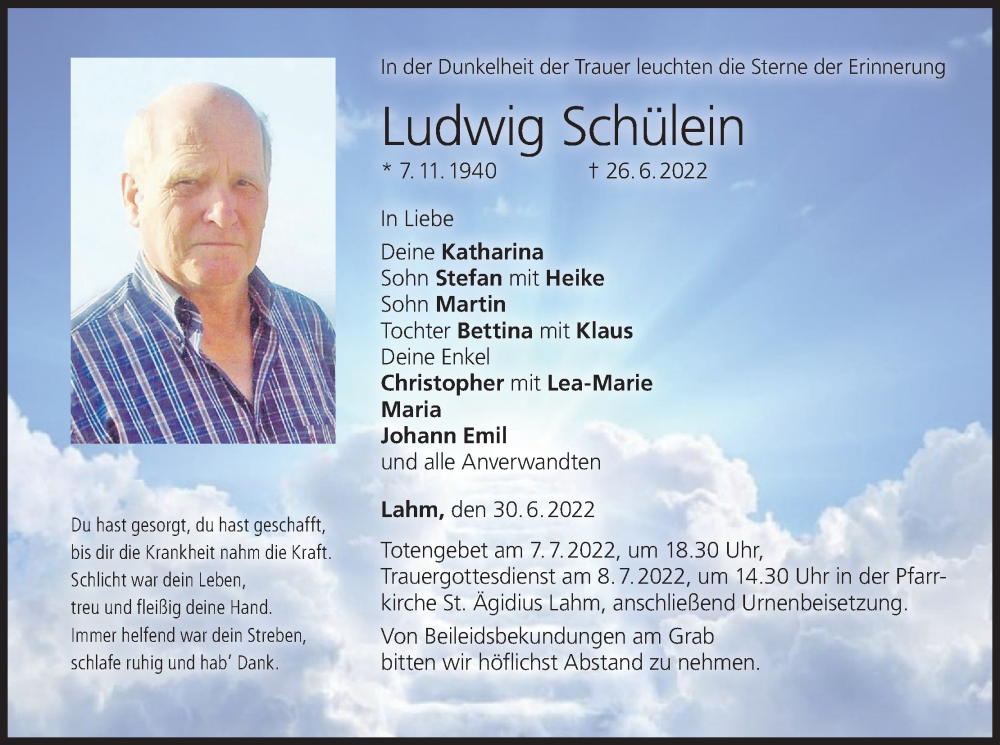  Traueranzeige für Ludwig Schülein vom 30.06.2022 aus MGO