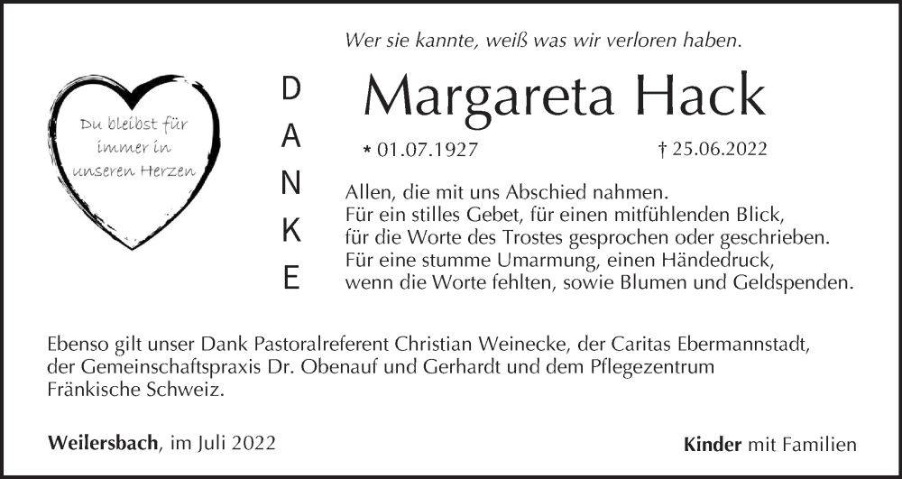  Traueranzeige für Margareta Hack vom 09.07.2022 aus MGO