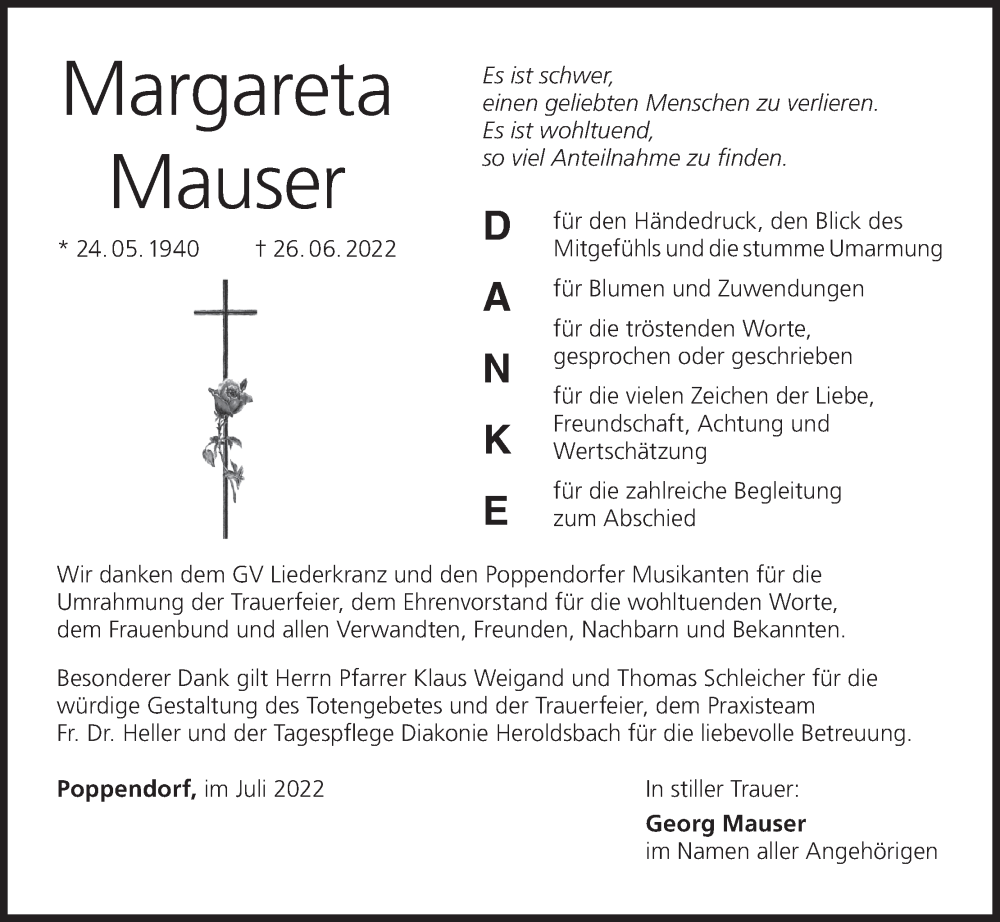  Traueranzeige für Margareta Mauser vom 09.07.2022 aus MGO