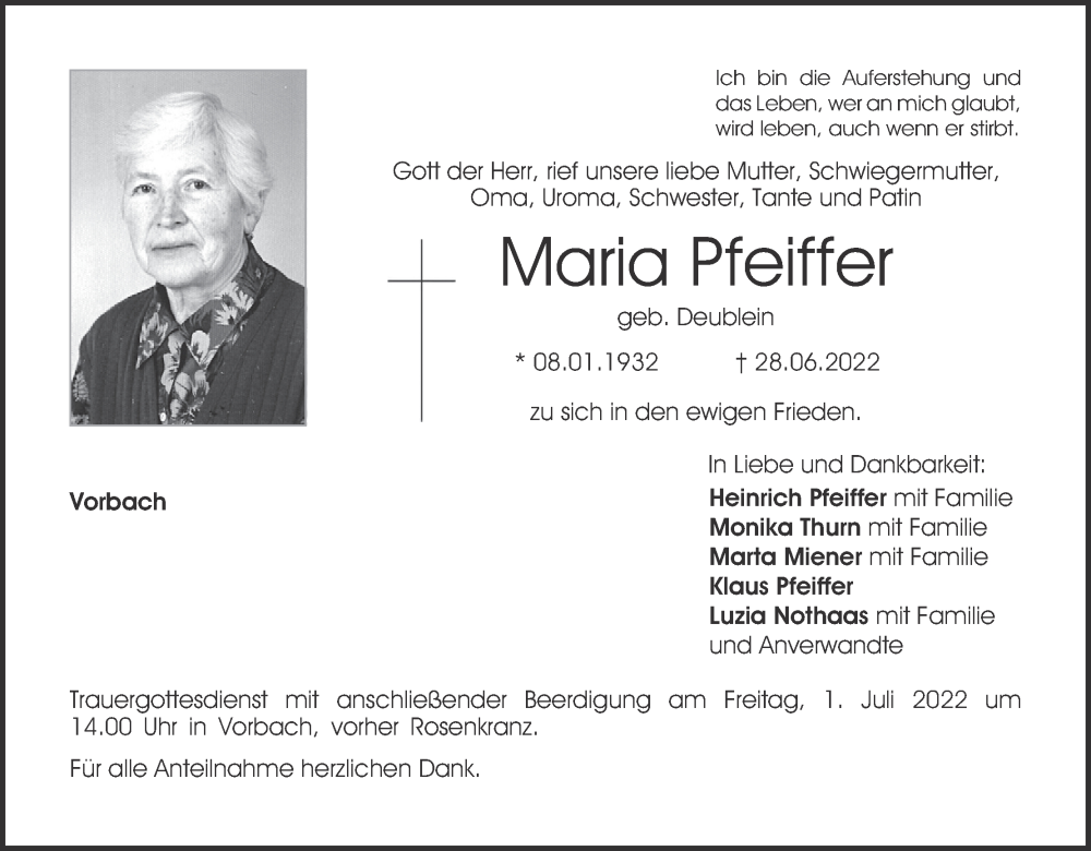  Traueranzeige für Maria Pfeiffer vom 30.06.2022 aus MGO