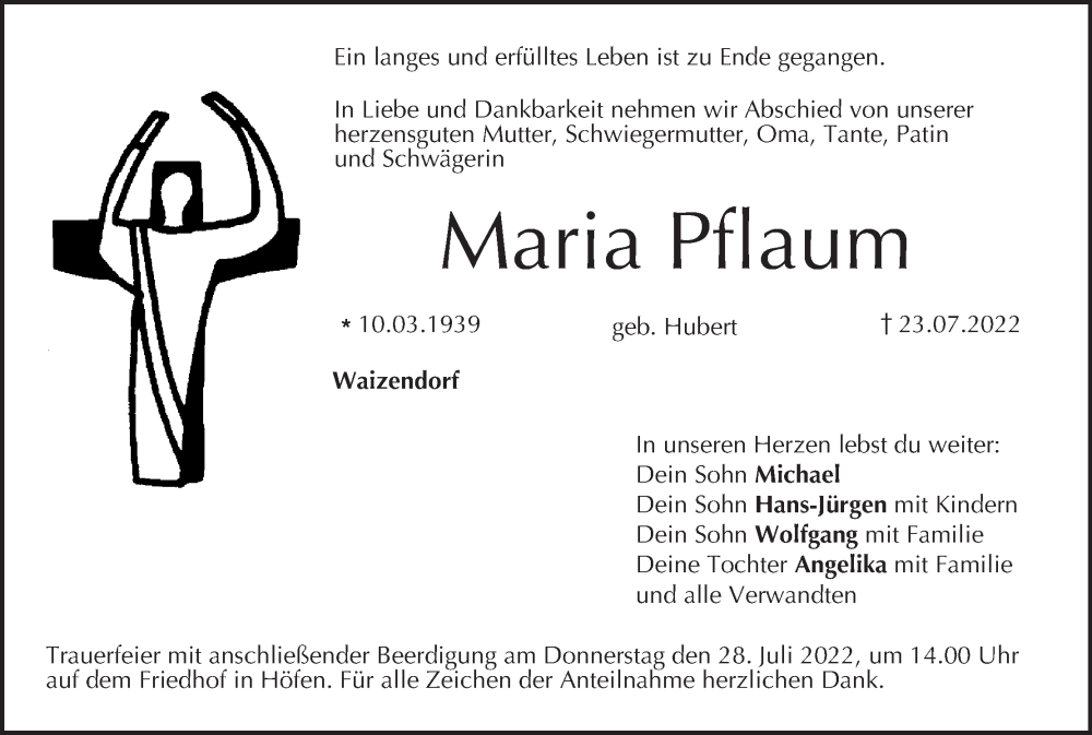  Traueranzeige für Maria Pflaum vom 26.07.2022 aus MGO