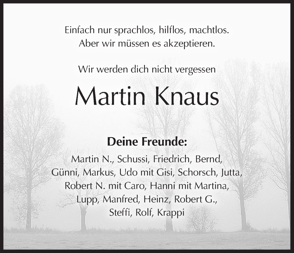  Traueranzeige für Martin Knaus vom 15.07.2022 aus MGO