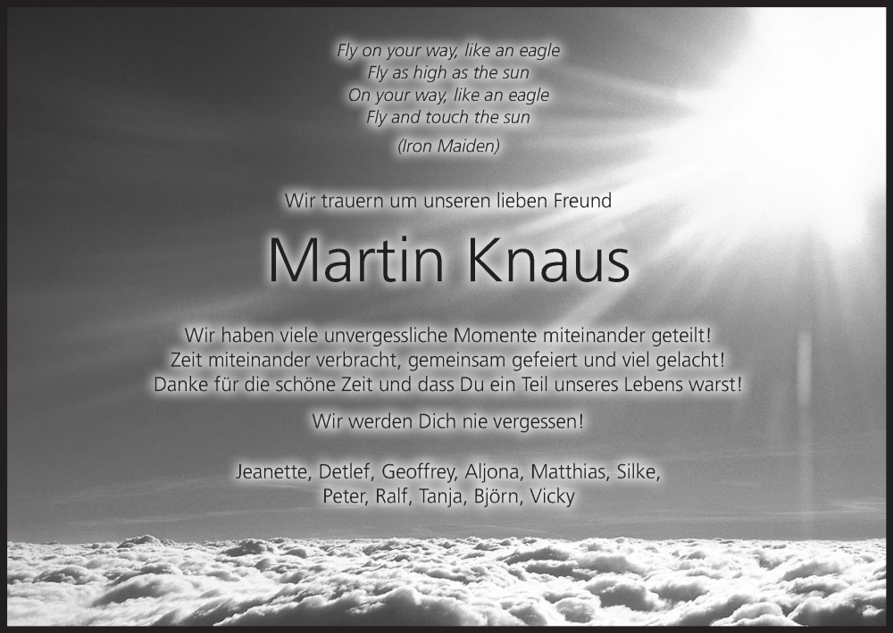  Traueranzeige für Martin Knaus vom 15.07.2022 aus MGO