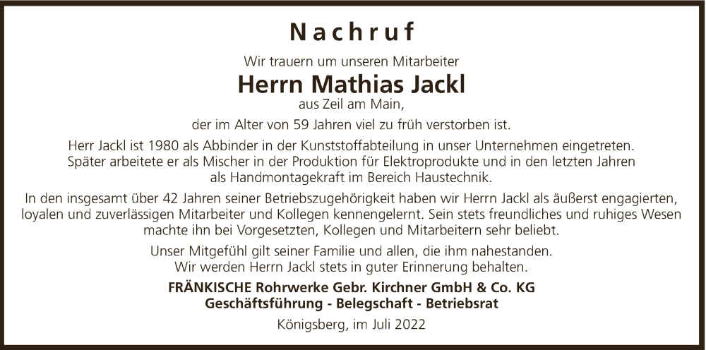 Traueranzeige für Mathias Jackl vom 26.07.2022 aus MGO