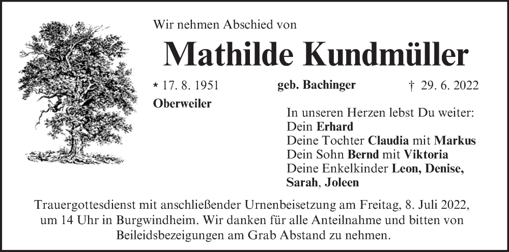  Traueranzeige für Mathilde Kundmüller vom 06.07.2022 aus MGO