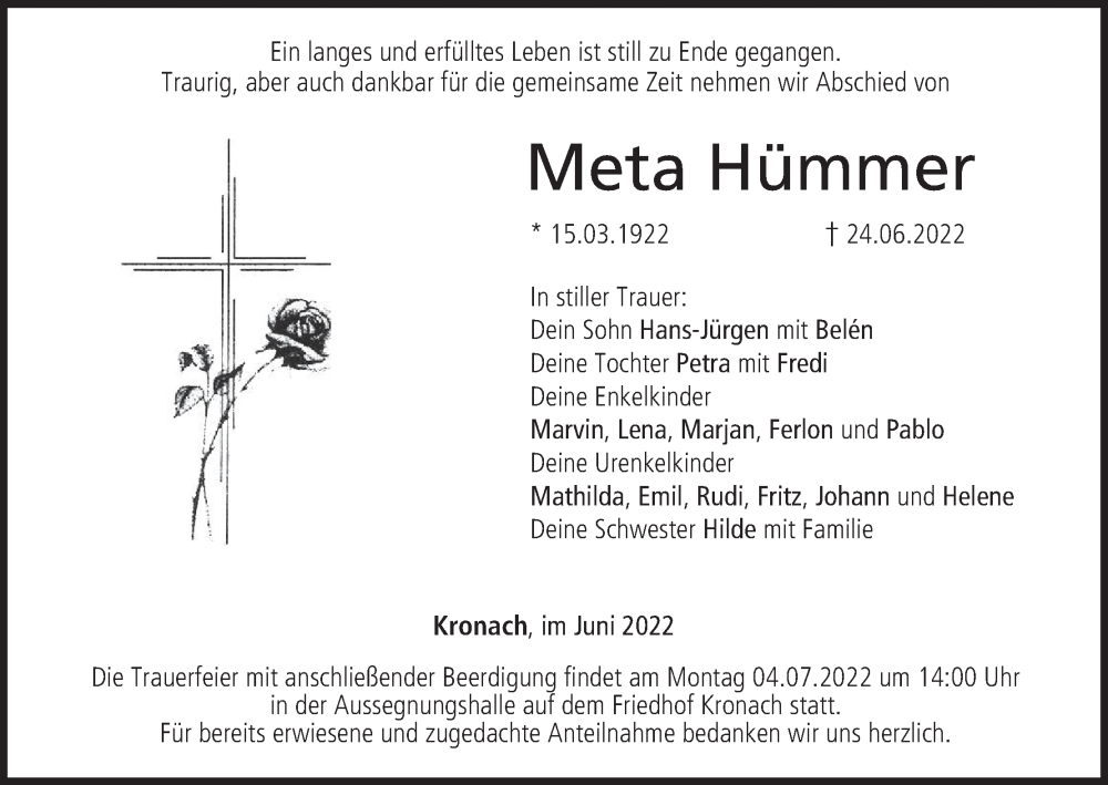  Traueranzeige für Meta Hümmer vom 30.06.2022 aus MGO